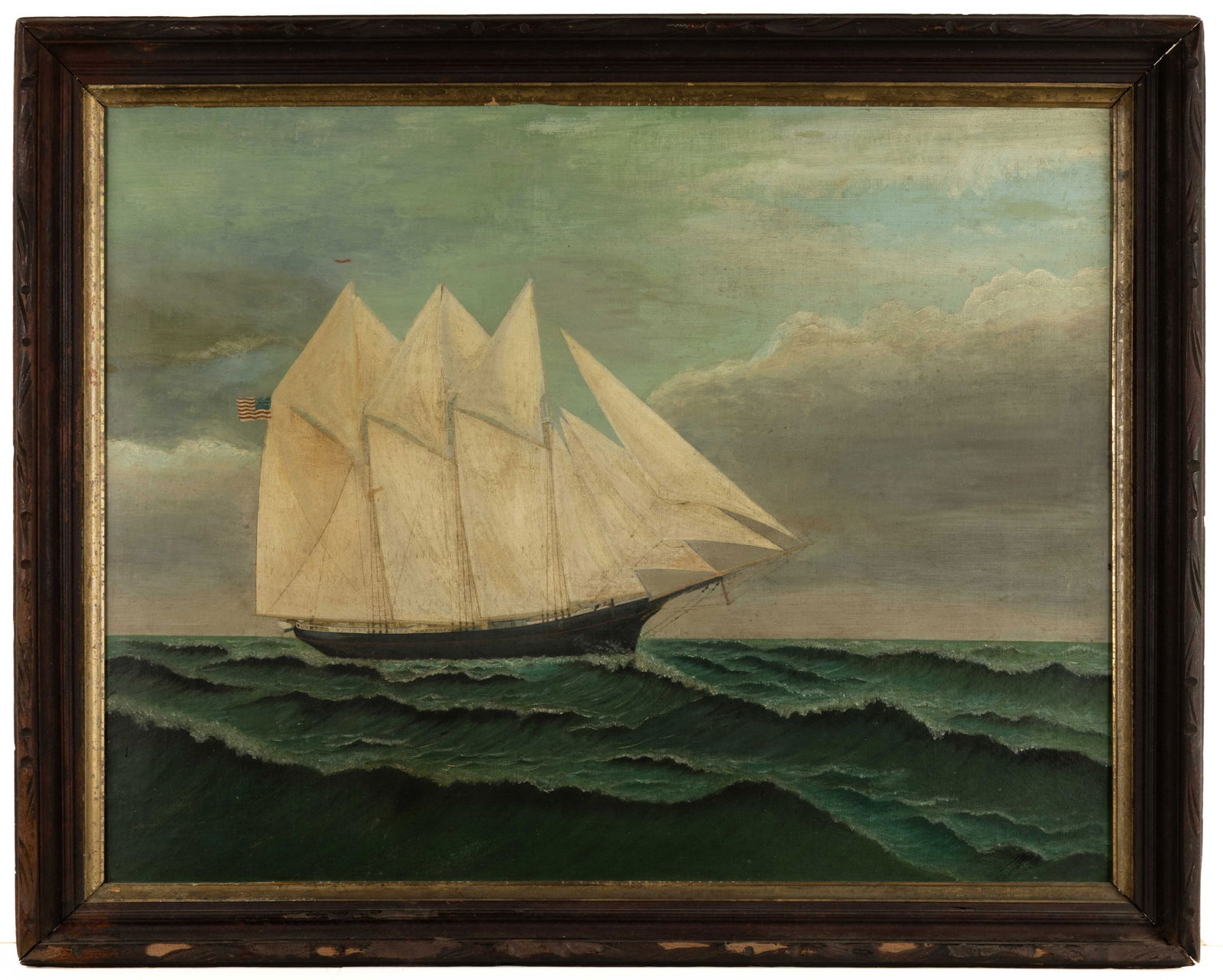 AMERICAN SCHOOL (19TH CENTURY) FOLK ART PORTRAIT OF A SCHOONER: AMERICAN SCHOOL (19TH CENTURY) FOLK ART PORTRAIT OF A SCHOONER, oil on canvas, depicting a three-masted unnamed schooner in full sail and flying an American flag at the rear. Housed in an old, possibl