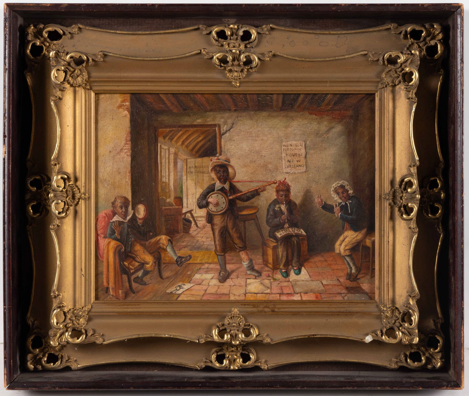 AMERICAN OR BRITISH SCHOOL (19TH CENTURY) FOLK ART GENRE PAINTING: AMERICAN OR BRITISH SCHOOL (19TH CENTURY) FOLK ART GENRE PAINTING, oil on Academy board, depicting four comical musicians in blackface practicing in an interior setting, a sign on the wall inscribed &