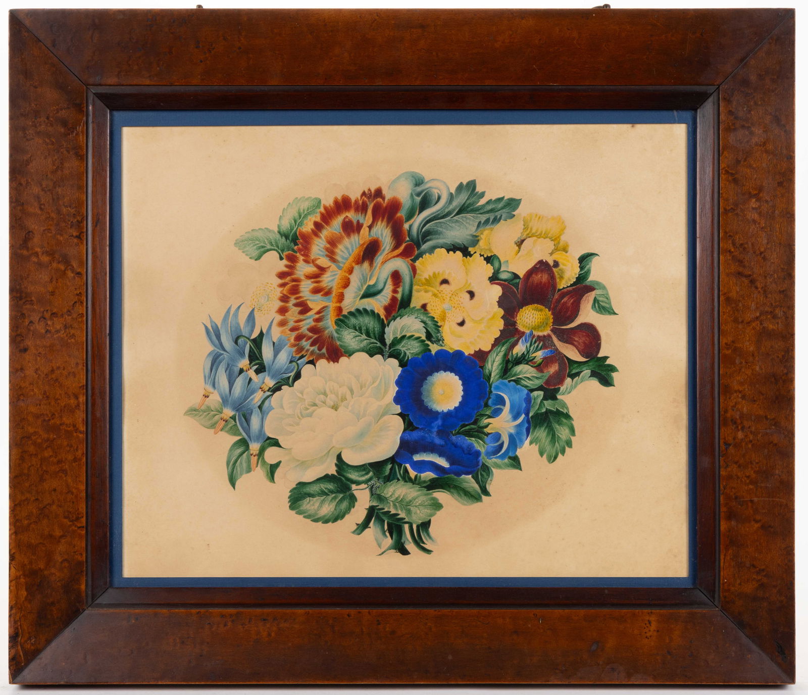 AMERICAN / BRITISH SCHOOL (19TH CENTURY) FOLK ART THEOREM: AMERICAN / BRITISH SCHOOL (19TH CENTURY) FOLK ART THEOREM, watercolor on paper, depicting a floral bouquet of vibrant, finely-executed flowers. Housed under glass in a period molded figured maple fram