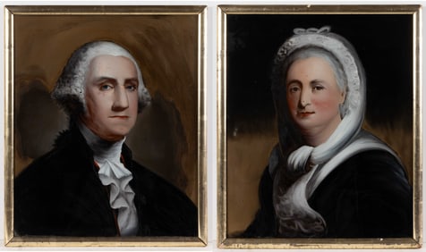 FOLK ART REVERSE-PAINTED AMERICAN HISTORICAL PORTRAITS OF GEORGE AND MARTHA WASHINGTON