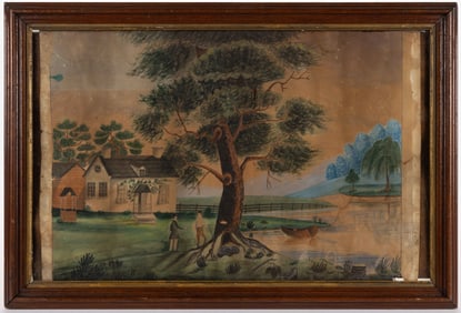 AMERICAN SCHOOL (19TH CENTURY) FOLK ART COTTAGE SCENE DRAWING