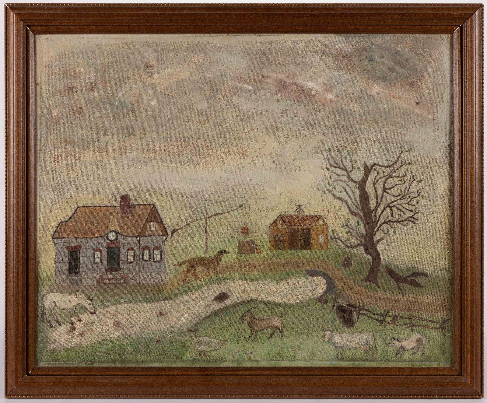 AMERICAN SCHOOL (LATE 19TH/EARLY 20TH CENTURY) FOLK ART FARM SCENE: AMERICAN SCHOOL (LATE 19TH/EARLY 20TH CENTURY) FOLK ART FARM SCENE, oil on canvas, a naive depiction of a horse, cow, goat, pig, goose, and dog standing in the yard of a country house with a