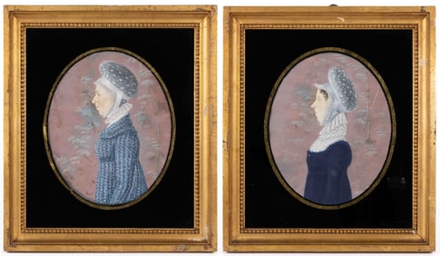 PAIR OF AMERICAN / EUROPEAN SCHOOL (19TH CENTURY) FOLK ART PROFILE PORTRAITS OF A MOTHER AND
