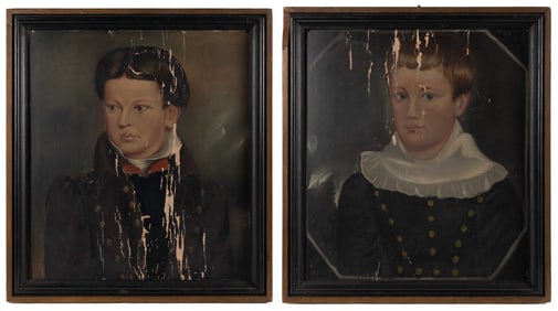 PAIR OF AMERICAN SCHOOL (19TH CENTURY) FOLK ART PORTRAITS OF SIBLINGS BARNHARDT AND ONIAS NELLIS