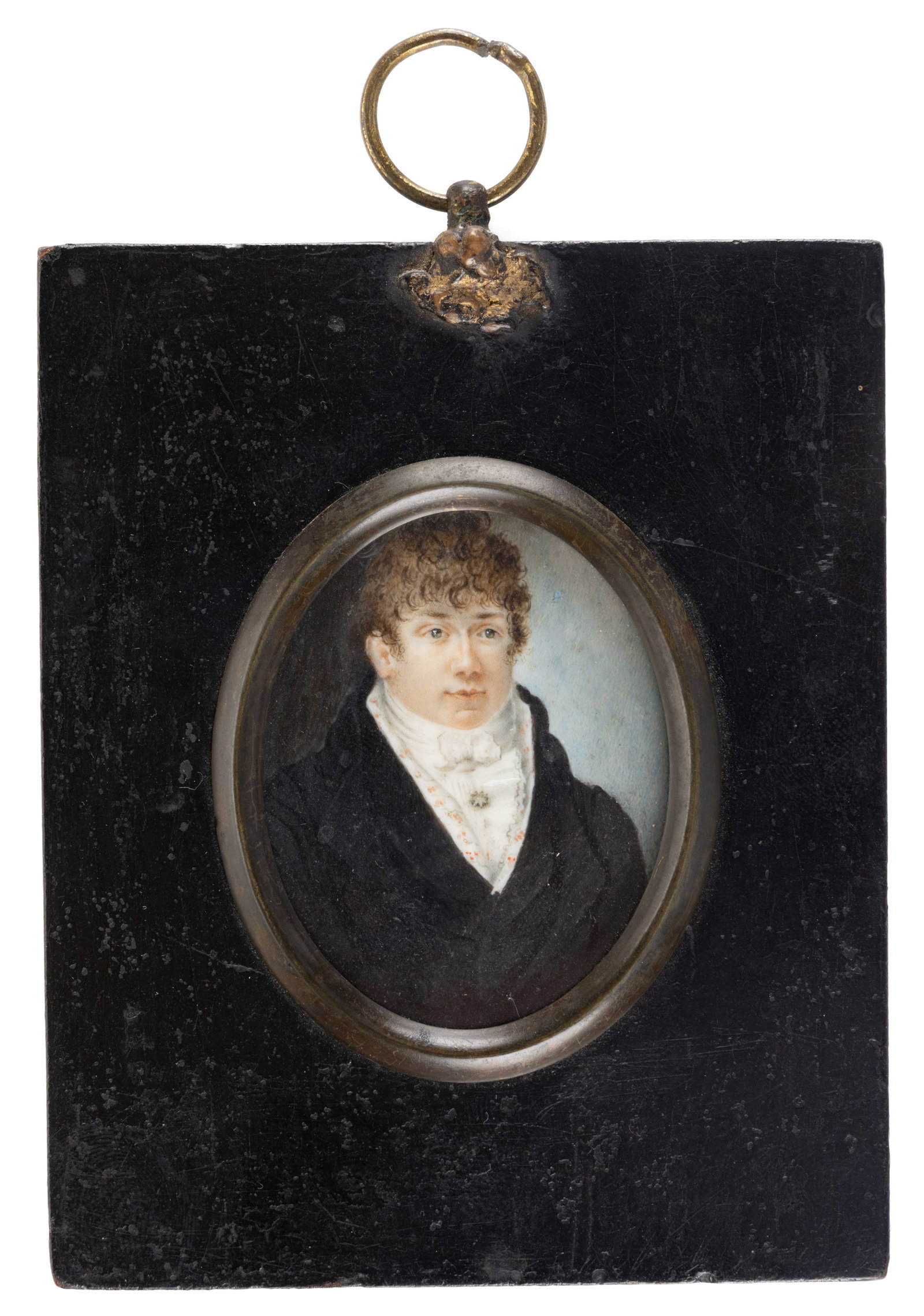 AMERICAN OR BRITISH SCHOOL (19TH CENTURY) MINIATURE PORTRAIT OF A GENTLEMAN: AMERICAN OR BRITISH SCHOOL (19TH CENTURY) MINIATURE PORTRAIT OF A GENTLEMAN, watercolor, a bust-length depiction of a gentleman with curly brown hair, he wears a high-collared jacket with a ruffled co