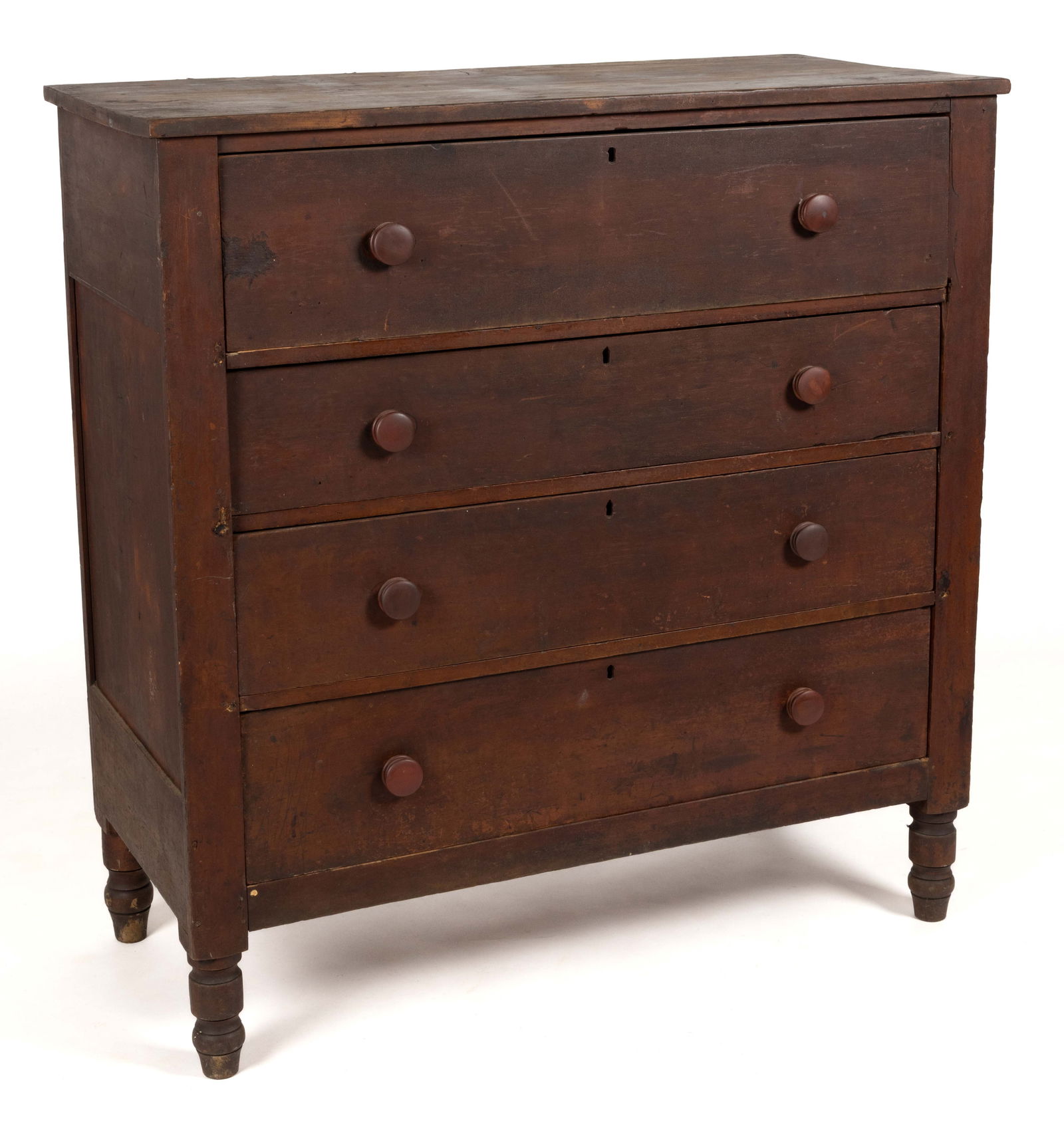 LEXINGTON, ROCKBRIDGE CO., SHENANDOAH VALLEY OF VIRGINIA WALNUT CHEST OF DRAWERS: LEXINGTON, ROCKBRIDGE CO., SHENANDOAH VALLEY OF VIRGINIA WALNUT CHEST OF DRAWERS, the plain overhanging rectangular top, with a deep overhanging in the back to accommodate for a chair rail, over