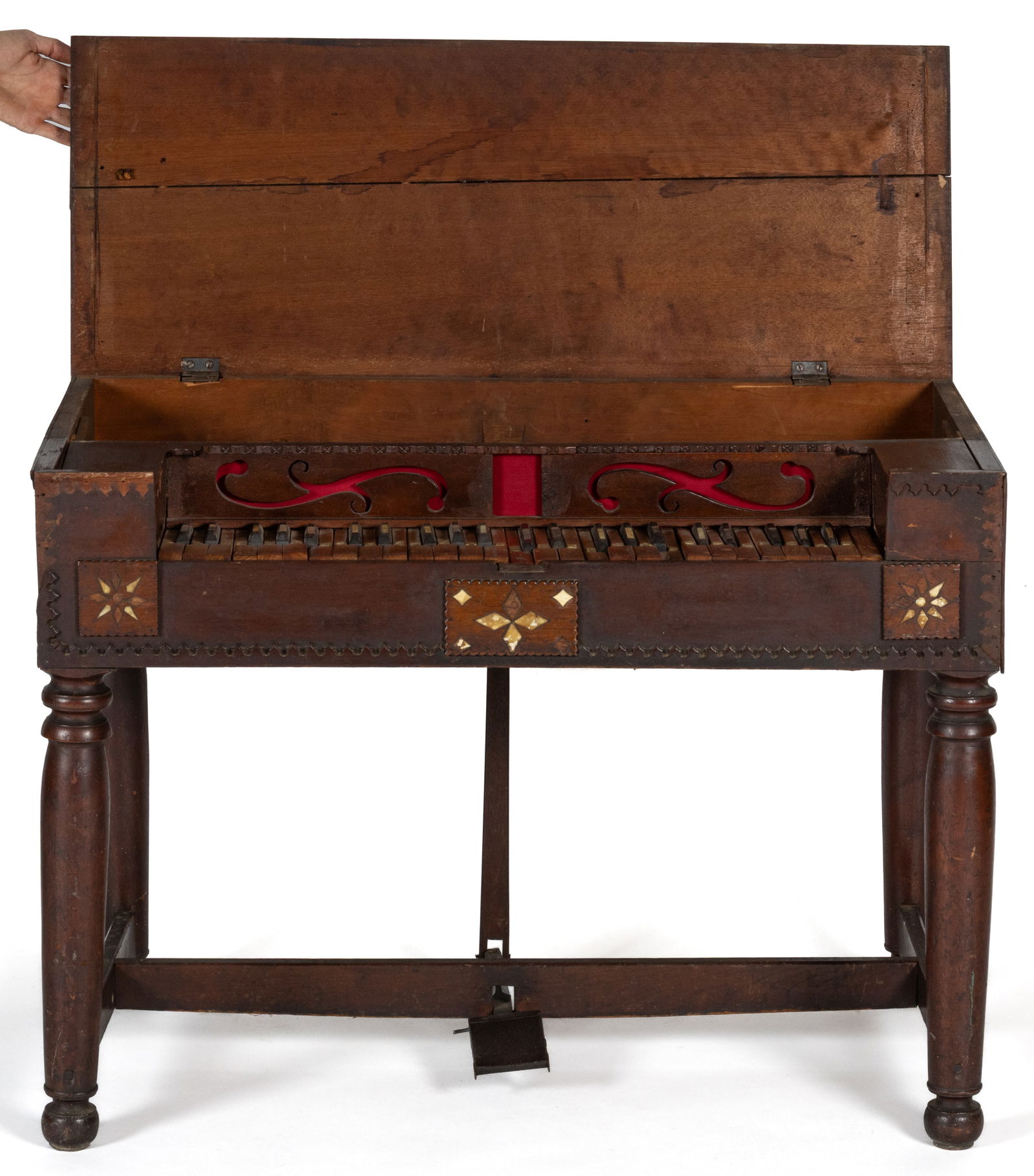 SOUTHERN VERNACULAR INLAID WALNUT DIMINUTIVE PUMP ORGAN: SOUTHERN VERNACULAR INLAID WALNUT DIMINUTIVE PUMP ORGAN, pump organ or similar air-powered instrument the rectangular top hinged at the rear and at the front, lifts to reveal a set of maple keys