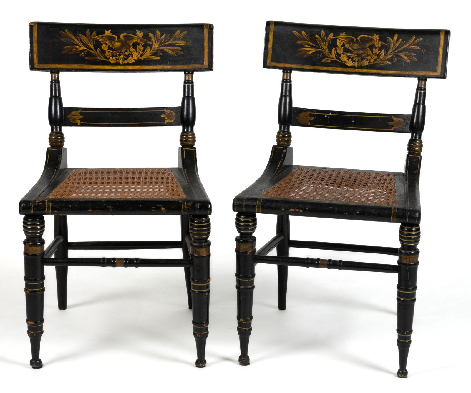 PAIR OF BALTIMORE, MARYLAND CLASSICAL PAINT-DECORATED FANCY SIDE CHAIRS: PAIR OF BALTIMORE, MARYLAND CLASSICAL PAINT-DECORATED FANCY SIDE CHAIRS, poplar and probably maple, the tablet crest with an applied scroll above two turned posts centering a narrow slat, old, possibl
