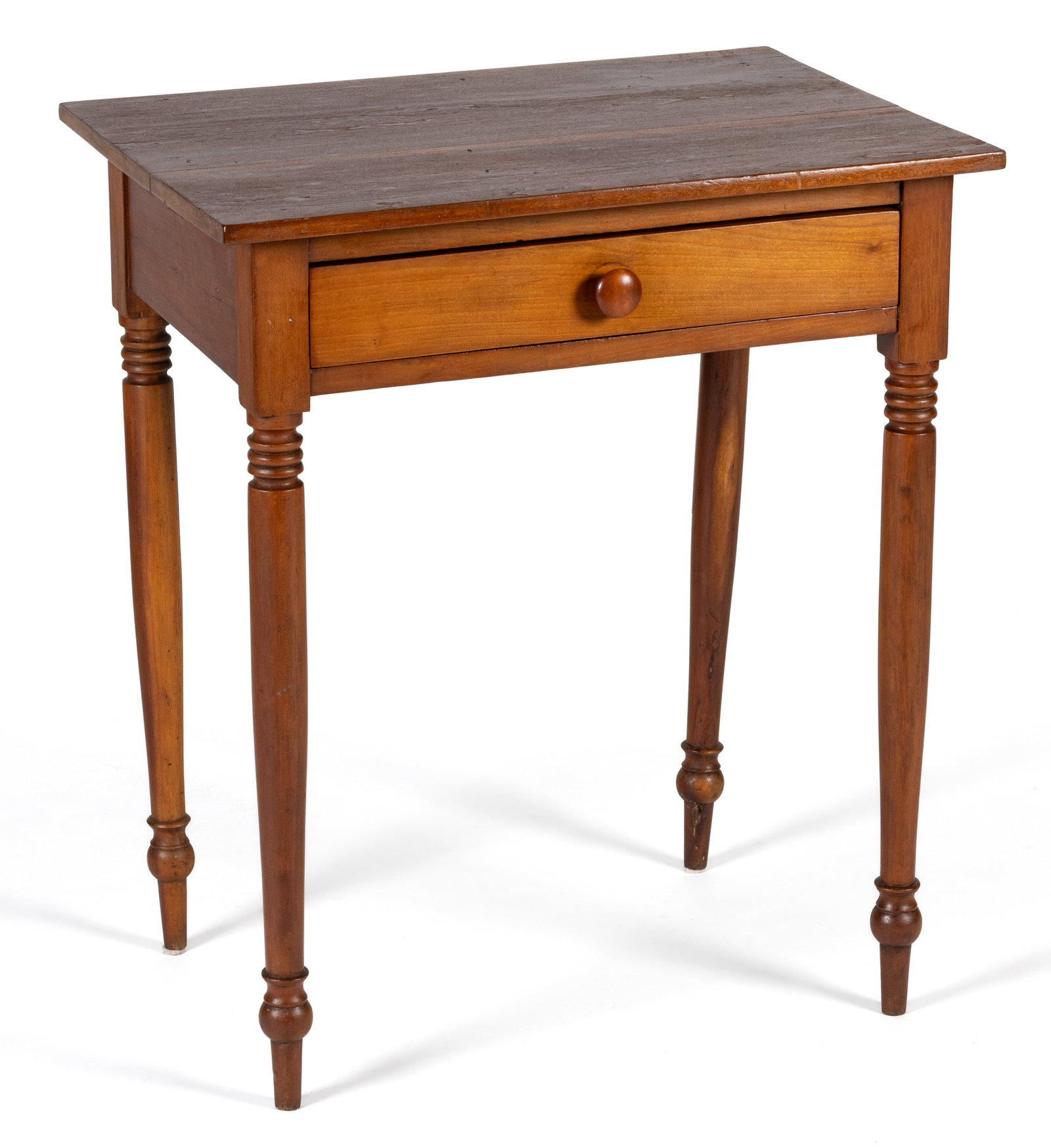 MID-ATLANTIC CHERRY STAND TABLE: MID-ATLANTIC CHERRY STAND TABLE, the rectangular top over a plain apron having a single drawer, the whole raised on finely turned legs. Poplar secondary wood. Retains an old refinished surface with wa