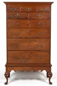 PENNSYLVANIA QUEEN ANNE FIGURED WALNUT CHEST ON FRAME