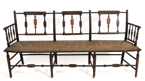RARE NEW ENGLAND FEDERAL PAINT-DECORATED RUSH-SEAT WINDSOR BENCH