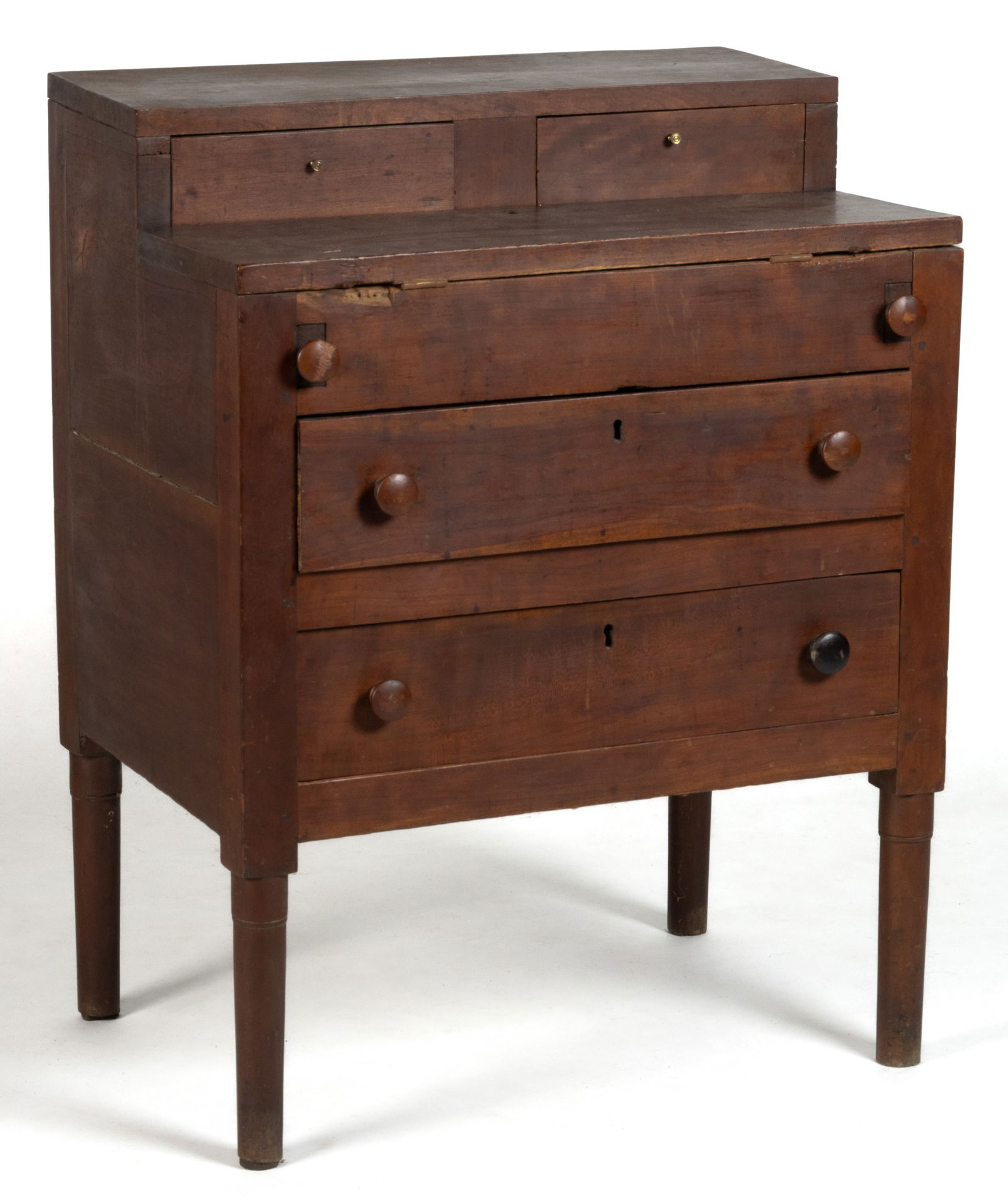 SHAKER CHERRY SEWING DESK: SHAKER CHERRY SEWING DESK, of extremely thick stock, the plain rectangular top over two short drawers which are locked in place when the hinged top is shut, a concealed well beneath the work surface w