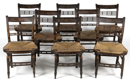 NEW ENGLAND, PROBABLY NEW YORK, PAINT-DECORATED BALL-BACK WINDSOR DINING / SIDE CHAIRS, SET OF EIGHT