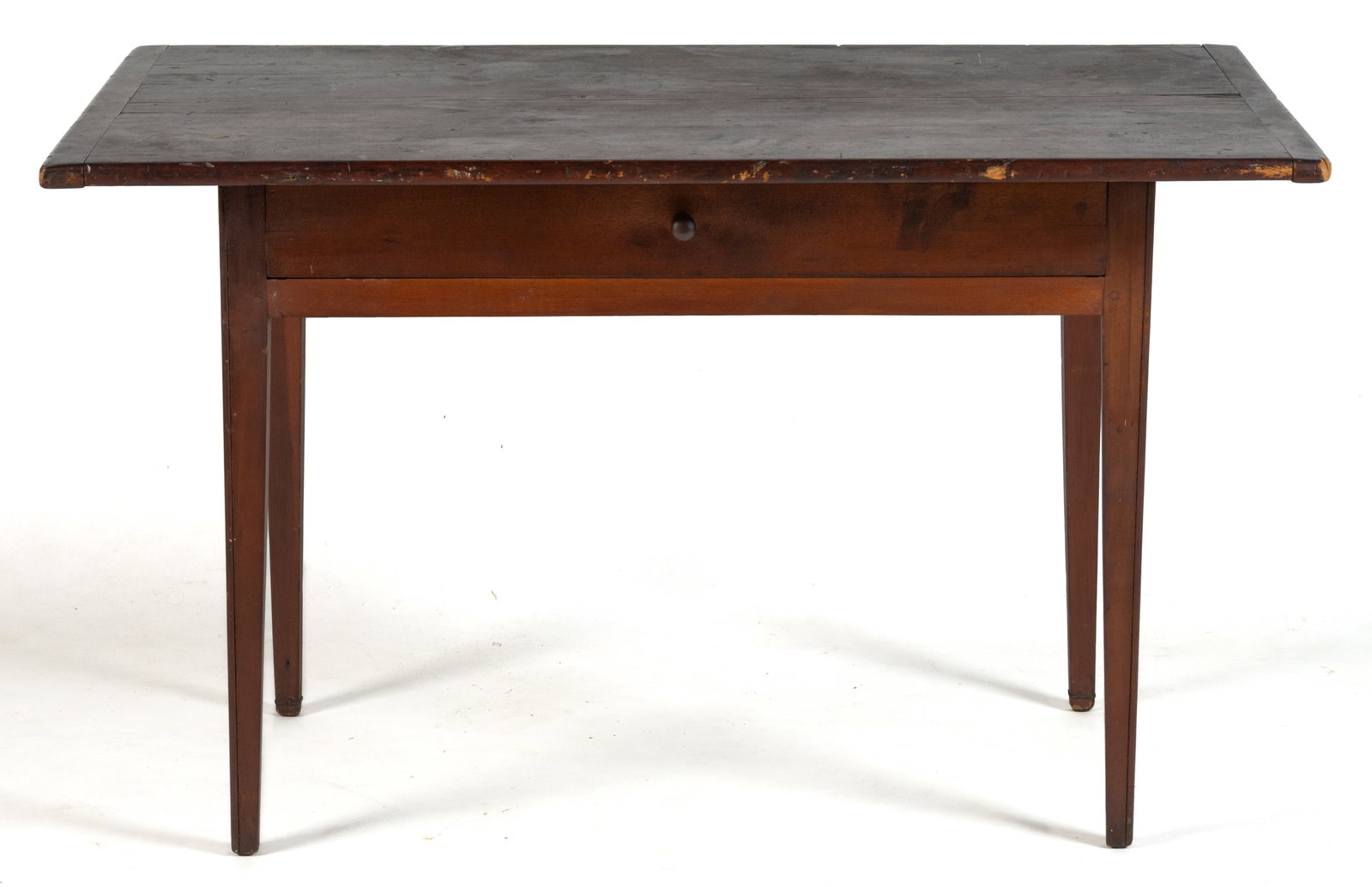 AMERICAN, POSSIBLY NEW ENGLAND, VERNACULAR POPLAR WORK TABLE: AMERICAN, POSSIBLY NEW ENGLAND, VERNACULAR POPLAR WORK TABLE, the rectangular single-board top with breadboard ends over a plain apron with a single short drawer on one side, the whole raised on squar