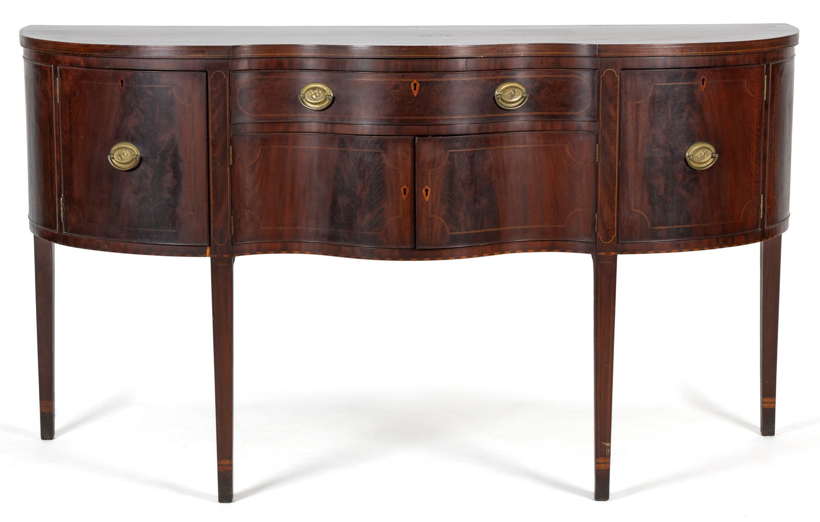 AMERICAN CENTENNIAL FEDERAL-STYLE INLAID MAHOGANY SIDEBOARD: AMERICAN CENTENNIAL FEDERAL-STYLE INLAID MAHOGANY SIDEBOARD, the serpentine front profile having rounded ends, a single central drawer over two hinged doors which are flanked by larger curved doors. T