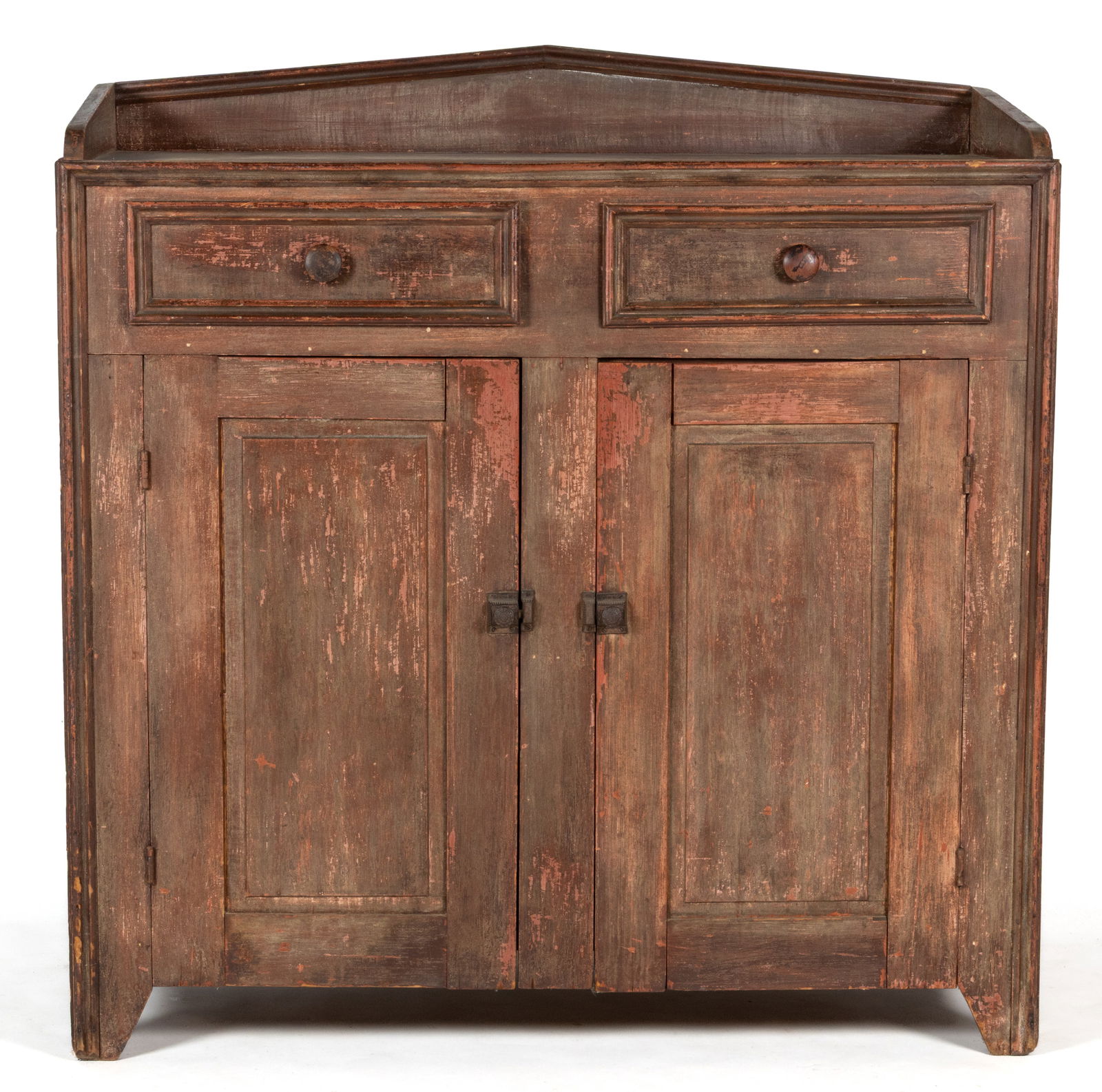 AMERICAN PAINTED WHITE PINE JELLY CUPBOARD: AMERICAN PAINTED WHITE PINE JELLY CUPBOARD, the rectangular top with an applied nailed gallery with a rear peak having an applied molded edge over two short drawers also having the same applied moldin