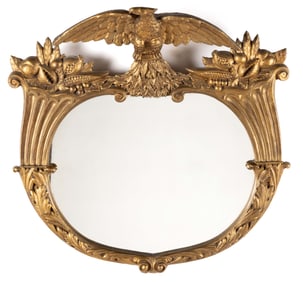 AMERICAN CLASSICAL-STYLE EAGLE GILT AND GESSO LOOKING GLASS / WALL MIRROR