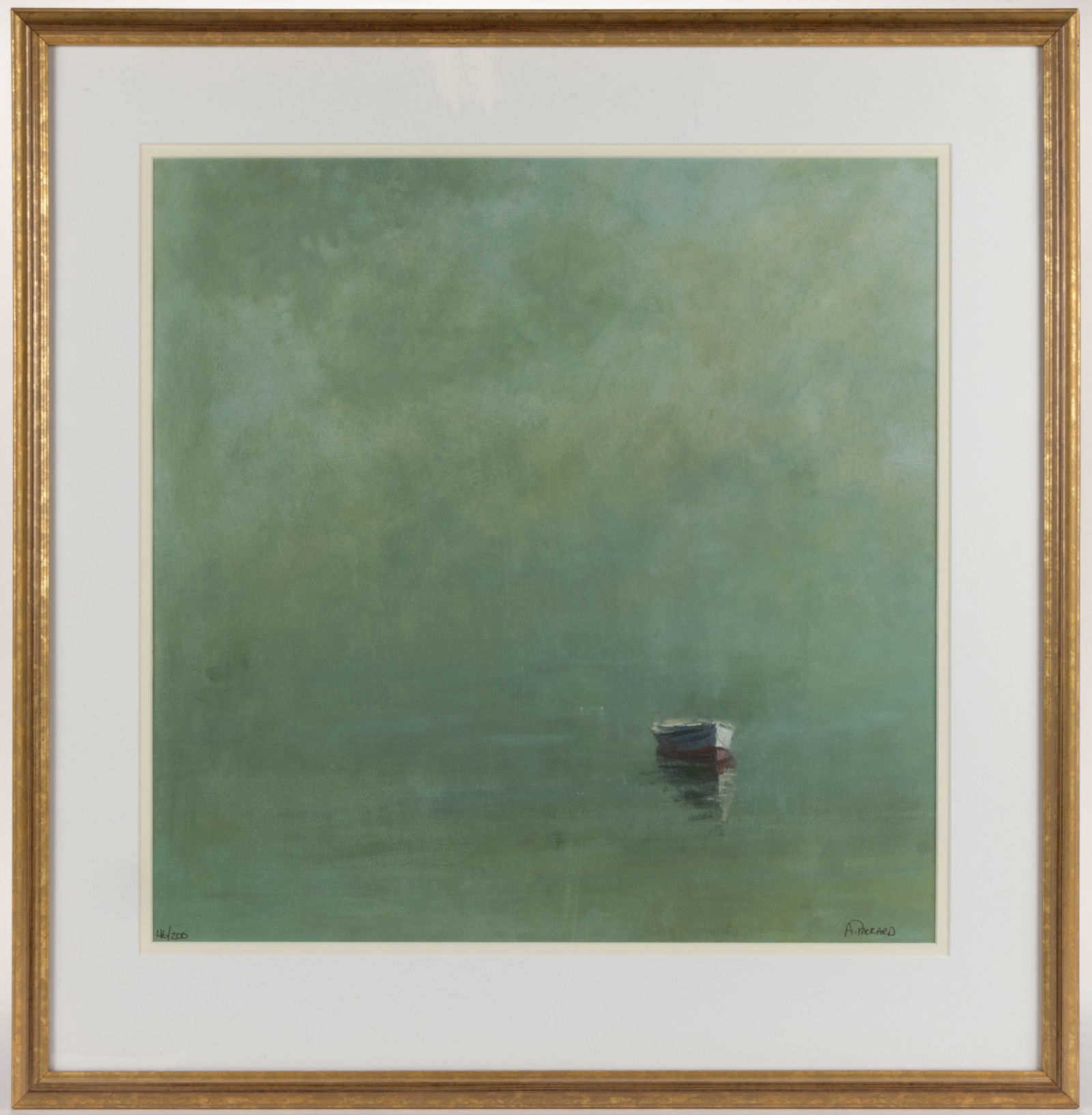 ANNE PACKARD (AMERICAN, B. 1933) CAPE COD, MASSACHUSETTS MARINE PRINT: ANNE PACKARD (AMERICAN, B. 1933) CAPE COD, MASSACHUSETTS MARINE PRINT, an atmospheric work featuring a single dory in foggy conditions, signed and numbered "46/200" at lower edge. Housed in