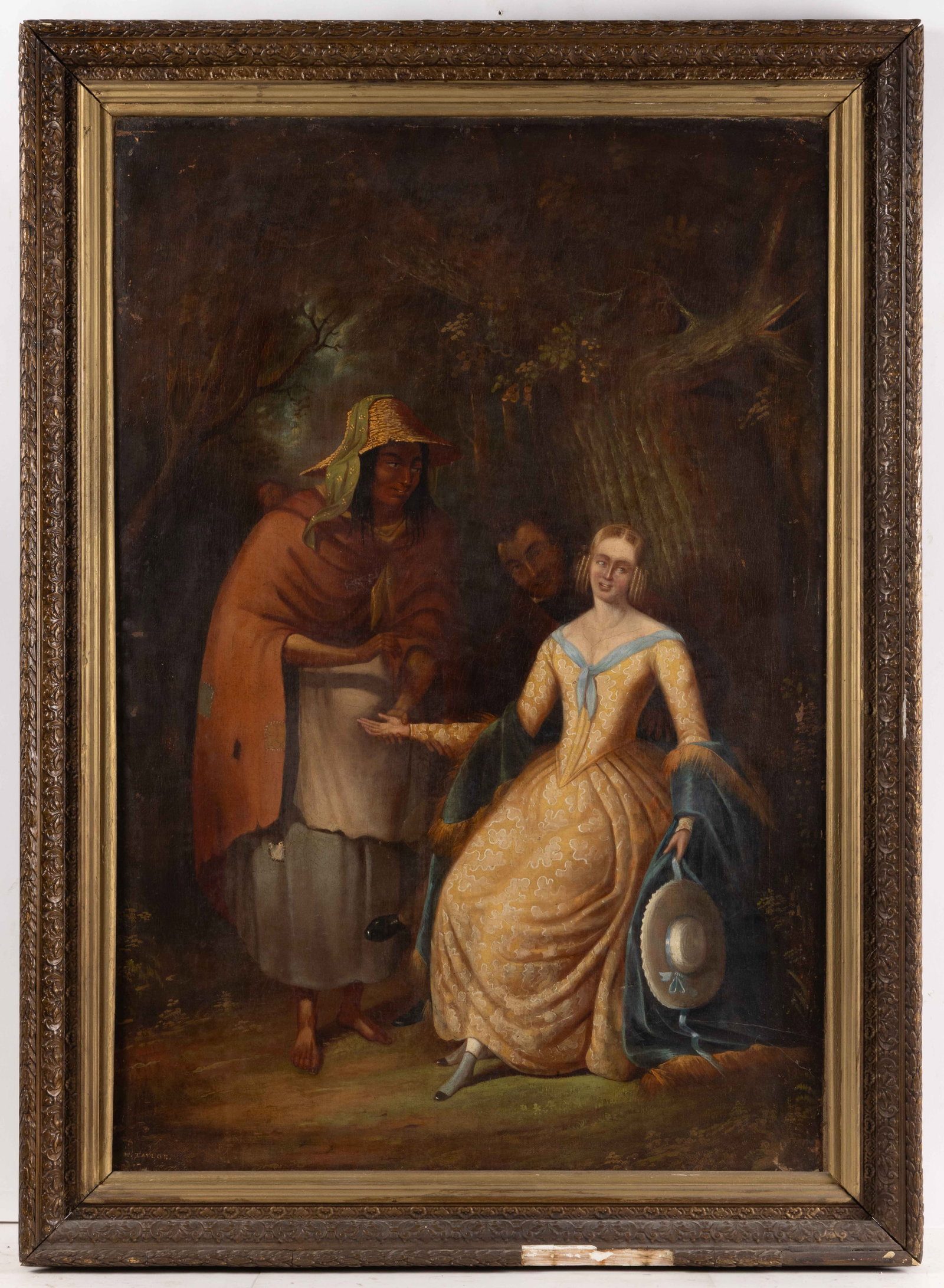 AMERICAN SCHOOL (19TH CENTURY) GENRE SCENE: AMERICAN SCHOOL (19TH CENTURY) GENRE SCENE, oil on canvas, depicting a Native American woman reading the palm of a young lady wearing elegant dress with a gentleman smiling in the background, all