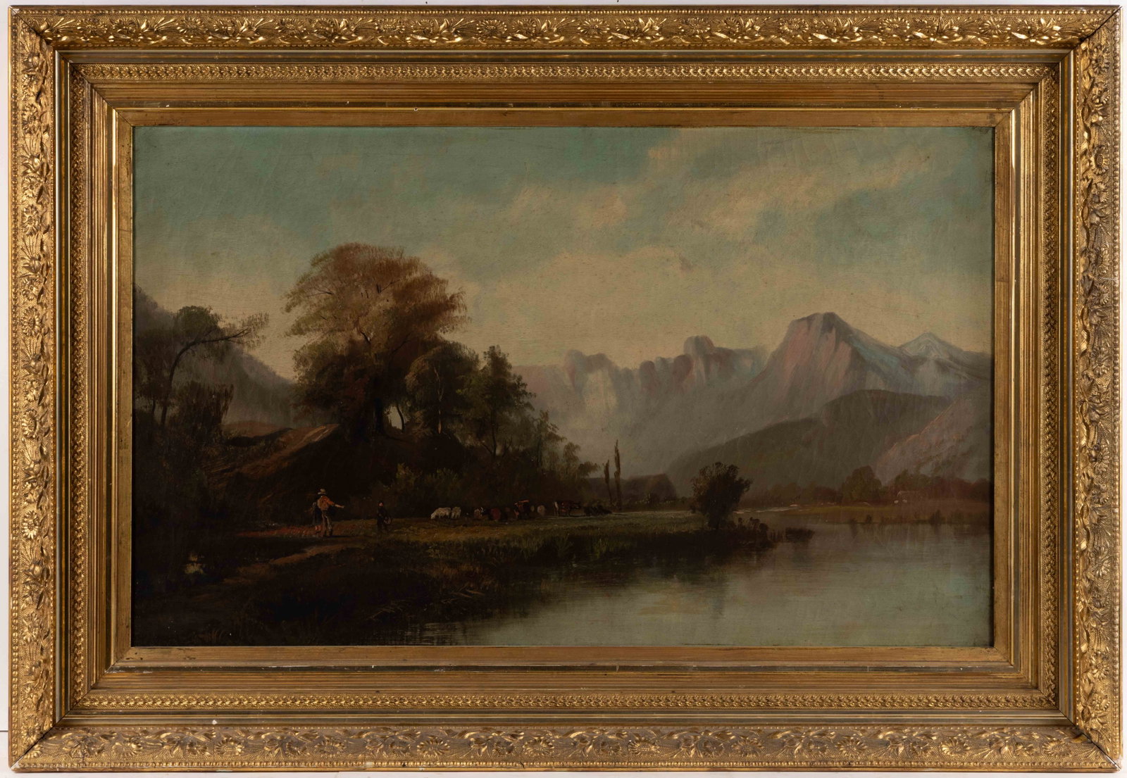 AMERICAN OR EUROPEAN SCHOOL (19TH CENTURY) LANDSCAPE PAINTING: AMERICAN OR EUROPEAN SCHOOL (19TH CENTURY) LANDSCAPE PAINTING, oil on canvas, depicting a small group of people and a small herd of cows on the banks of a body of water with mountains in the backgroun