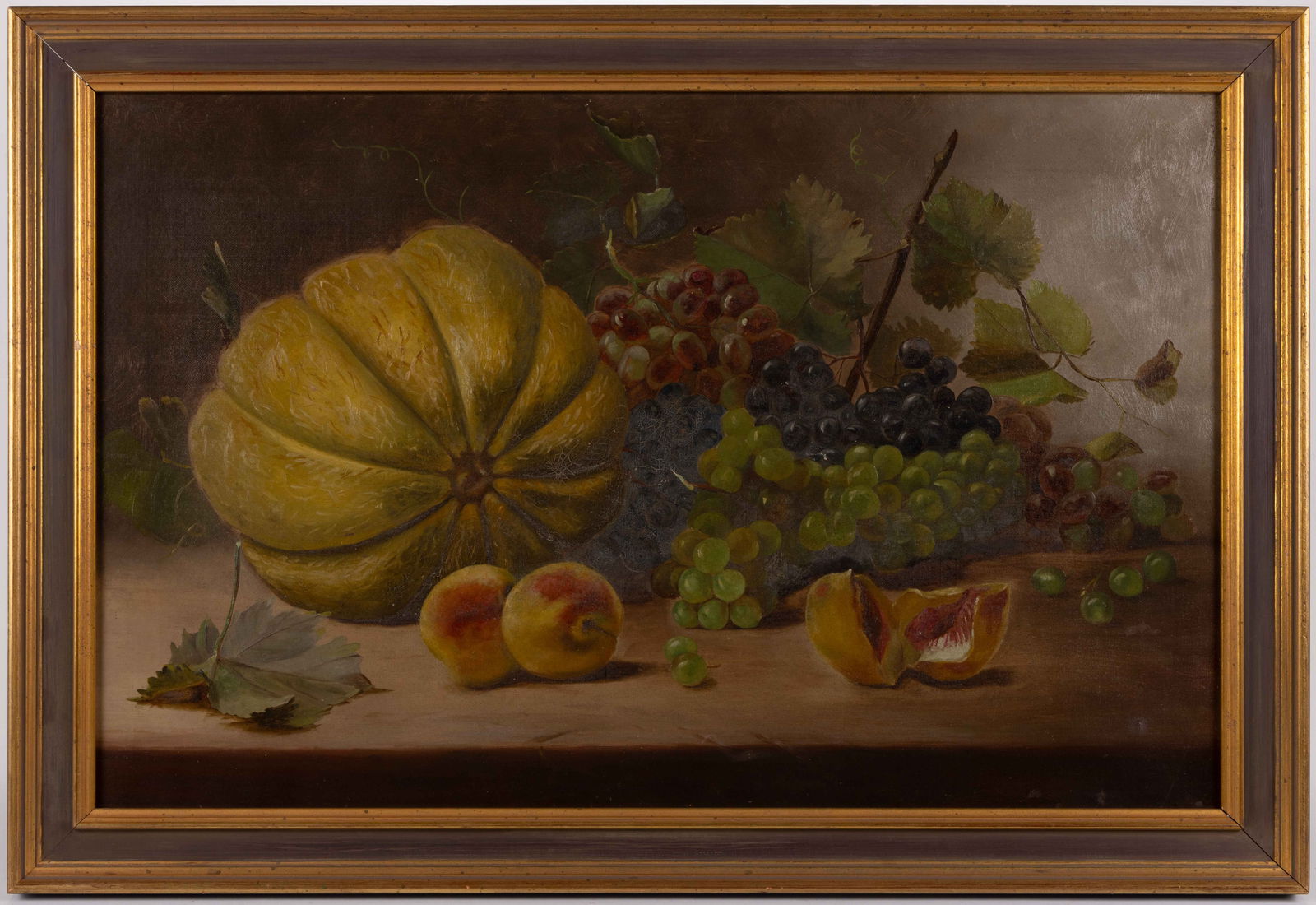 AMERICAN SCHOOL (19TH CENTURY) STILL-LIFE WITH FRUIT: AMERICAN SCHOOL (19TH CENTURY) STILL-LIFE WITH FRUIT, oil on canvas, featuring melon, grapes, and peaches on a table top, no signature located. Housed in a modern frame. Fourth quarter 19th century. 1