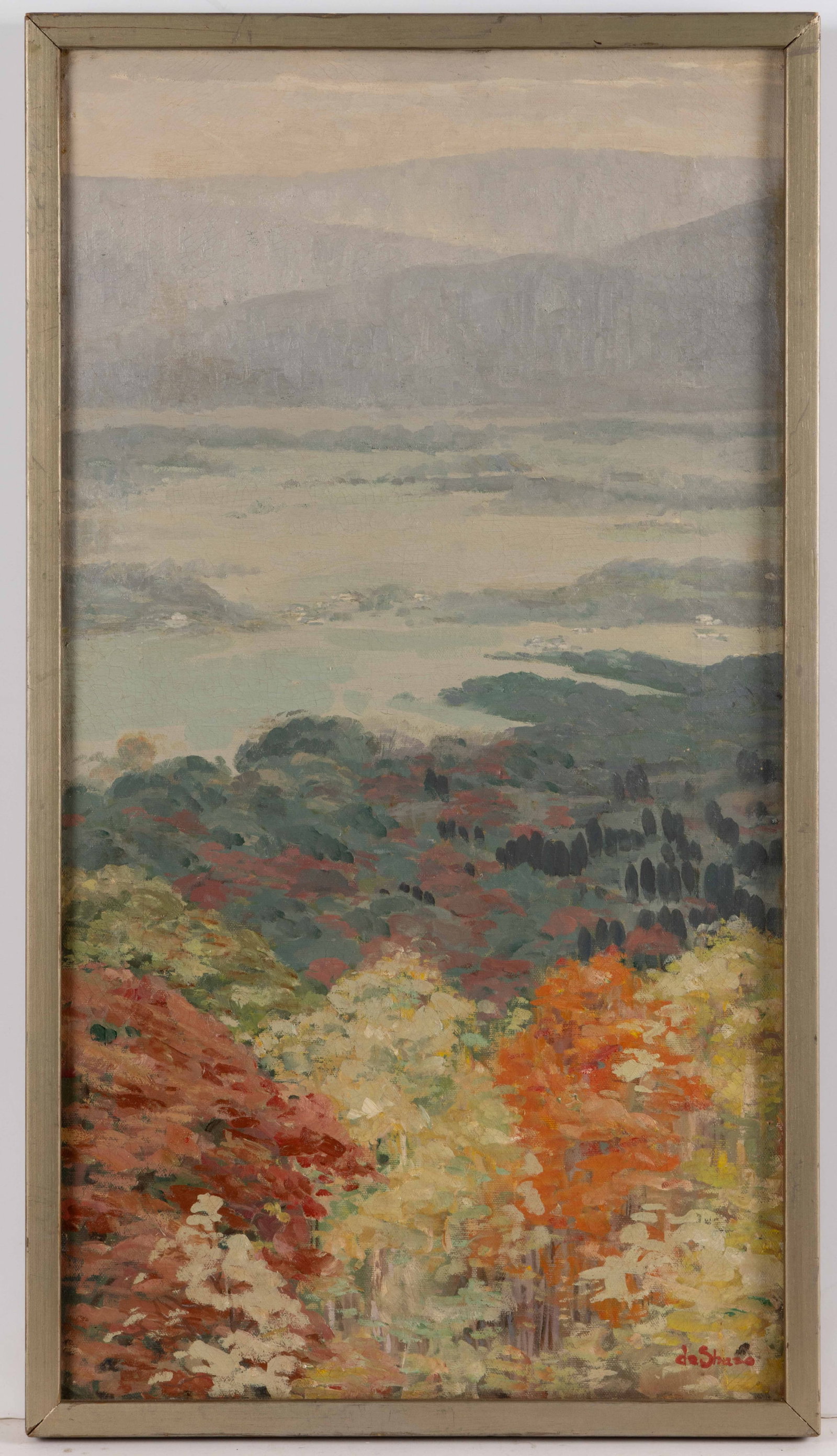 HILDA DESHAZO (NEW YORK, 1907-1979) "AUTUMN MIST" LANDSCAPE PAINTING: HILDA DESHAZO (NEW YORK, 1907-1979) "AUTUMN MIST" LANDSCAPE PAINTING, oil on canvas, depicting an expansive view across the Pawling Valley from West Mountain to Quaker Hill. The stretch