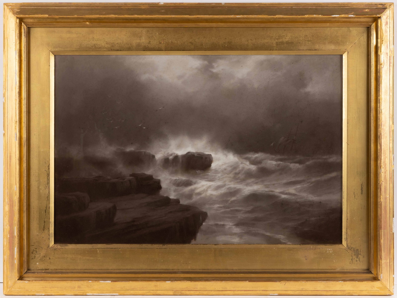 AMERICAN OR EUROPEAN SCHOOL (19TH CENTURY) SEASCAPE PAINTING: AMERICAN OR EUROPEAN SCHOOL (19TH CENTURY) SEASCAPE PAINTING, charcoal laid to canvas, en grisaille, featuring a depiction of waves crashing on a rocky shore with a faint outline of a ship in the dist