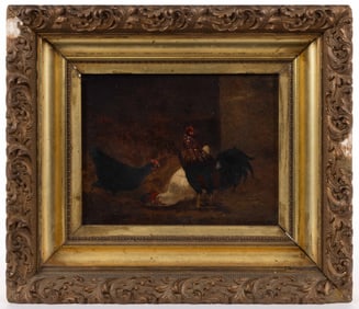 SCOTT LEIGHTON (AMERICAN, 1849-1898) BARNYARD SCENE WITH CHICKENS AND ROOSTER