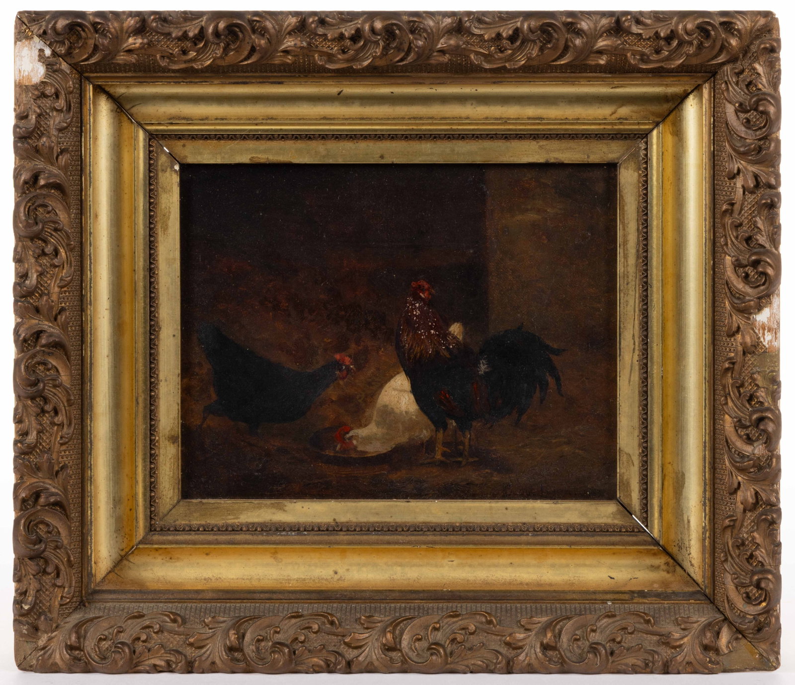 SCOTT LEIGHTON (AMERICAN, 1849-1898) BARNYARD SCENE WITH CHICKENS AND ROOSTER: SCOTT LEIGHTON (AMERICAN, 1849-1898) BARNYARD SCENE WITH CHICKENS AND ROOSTER, oil on canvas, an interior scene with fowl feeding at a dish surrounded by hay, signed lower right. Housed in possibly or