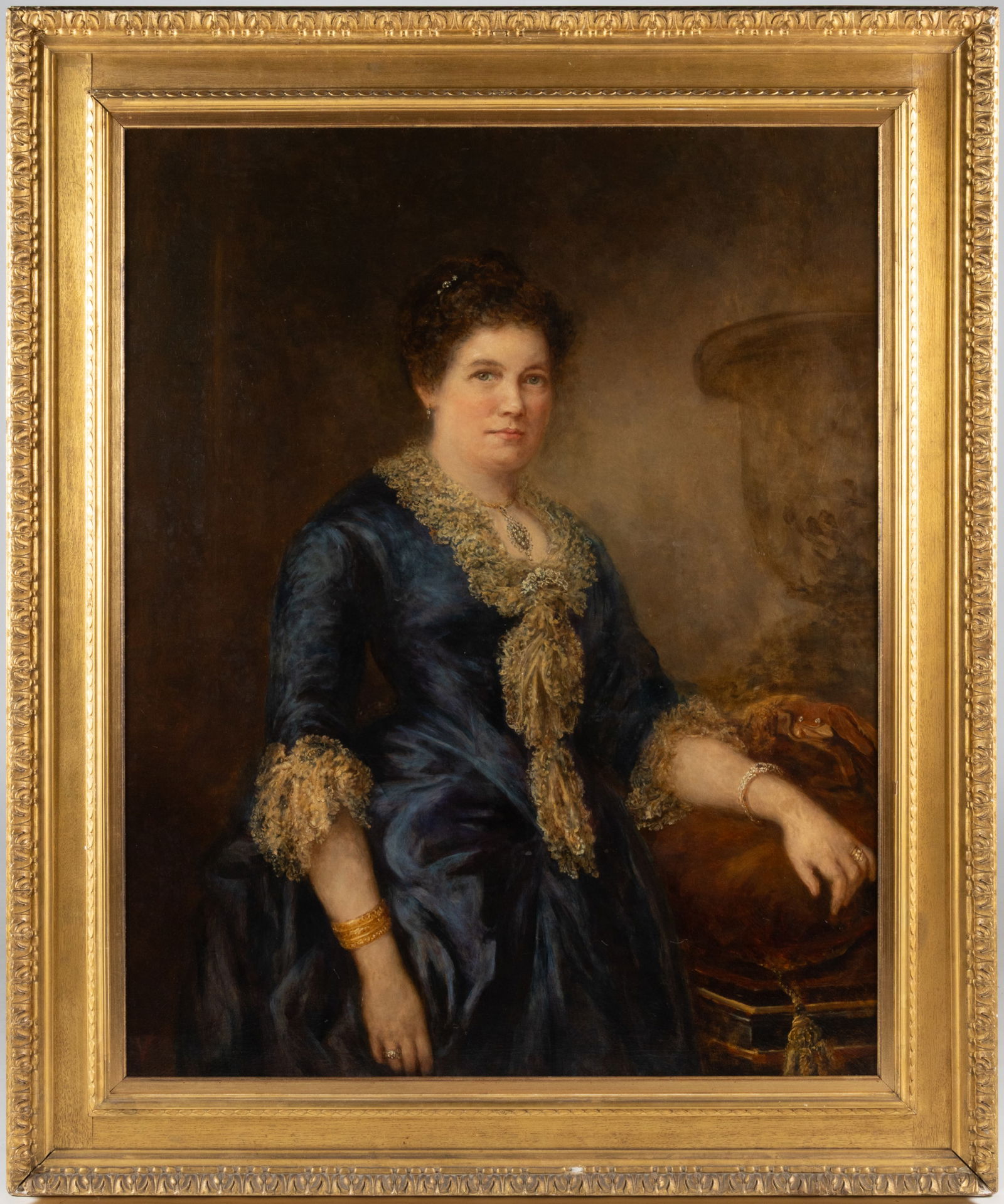 JOHN ALFRED VINTER (BRITISH, 1828-1905) PORTRAIT OF A LADY: JOHN ALFRED VINTER (BRITISH, 1828-1905) PORTRAIT OF A LADY, oil on canvas, a three-quarter length depiction of a finely-appointed lady resting her arm on a pillow beside an urn. A faint signature lowe