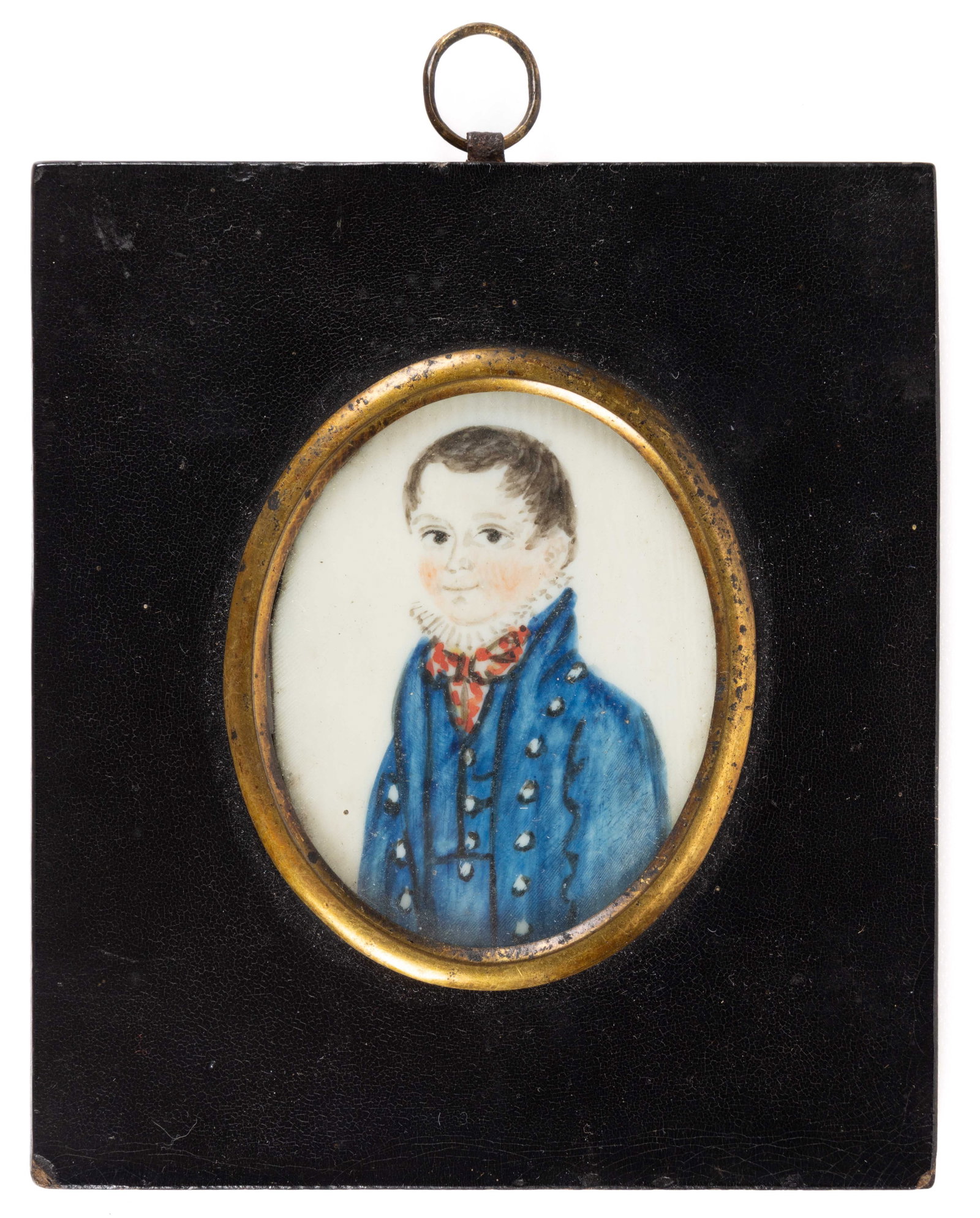 AMERICAN SCHOOL (19TH CENTURY) MINIATURE PORTRAIT OF A BOY: AMERICAN SCHOOL (19TH CENTURY) MINIATURE PORTRAIT OF A BOY, watercolor, depicting a young boy with expressive eyes, he wears a ruffled collar partially concealed by his high-collared blue coat. N