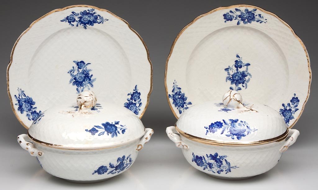 COALPORT PORCELAIN DINNERWARE ITEMS, LOT OF FOUR: COALPORT PORCELAIN DINNERWARE ITEMS, LOT OF FOUR, comprising two two-handled broth bowls and covers and two plates, all with lattice molding, the bowls of simple, globular form with twig-form handles 