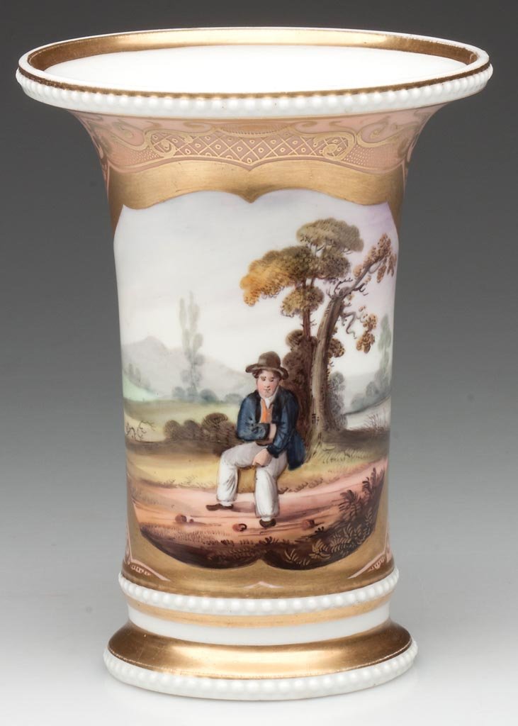 YATES PORCELAIN REGENCY-PERIOD PALE-ORANGE GROUND SPILL: YATES PORCELAIN REGENCY-PERIOD PALE-ORANGE GROUND SPILL VASE, the everted rim molded with faux "pearls," within gilt line bands at upper and lower rims, and above waisted ankle, with elaborate gilt-de