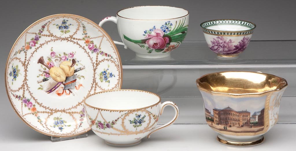 CONTINENTAL PORCELAIN ITEMS, LOT OF FIVE: CONTINENTAL PORCELAIN ITEMS, LOT OF FIVE, including examples from Nyons, Meissen, etc. The Nyons cup and saucer with low globular form and simple c-form handle, painted with gilt dentil rim above gilt