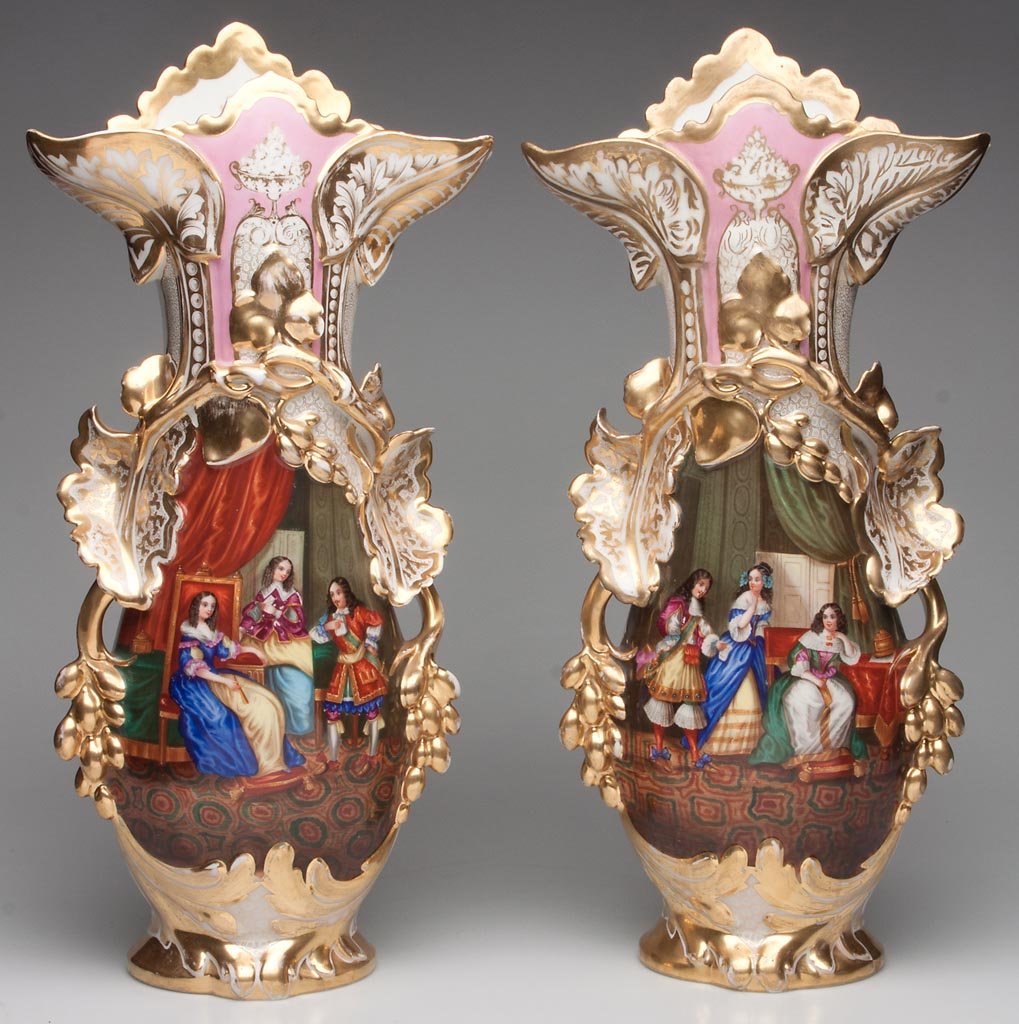"OLD PARIS" PORCELAIN EARLY LIMOGES, MONUMENTAL PAIR OF: "OLD PARIS" PORCELAIN EARLY LIMOGES, MONUMENTAL PAIR OF VASES, large two-handled, pink-ground mantel garniture vases, attributed to the atelier of Haviland & Co. The vases of flattened ovate baluster 