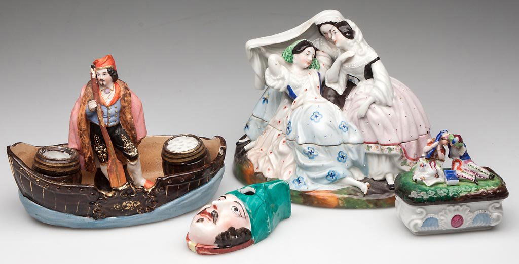 FRENCH 19TH CENTURY PORCELAIN ITEMS, LOT OF FOUR: FRENCH 19TH CENTURY PORCELAIN ITEMS, LOT OF FOUR, including three inkwells and a jewelry box. The first inkwell, formed as a flat-based head of a sailor, whose hat has a hole in it forming the inkwell