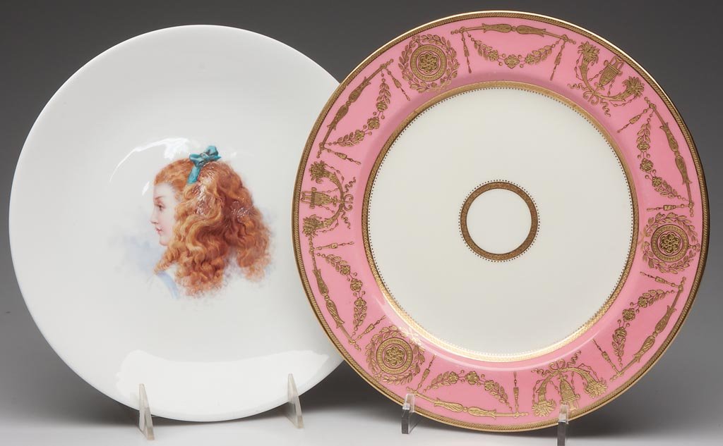 MINTON PORCELAIN ITEMS, LOT OF TWO: MINTON PORCELAIN ITEMS, LOT OF TWO, a coupe plate painted with the figure of a girl, the shouldered plate with gilt-etched gadrooned rim, with paste-gilt garlands anthemia, cornucopia and other classi