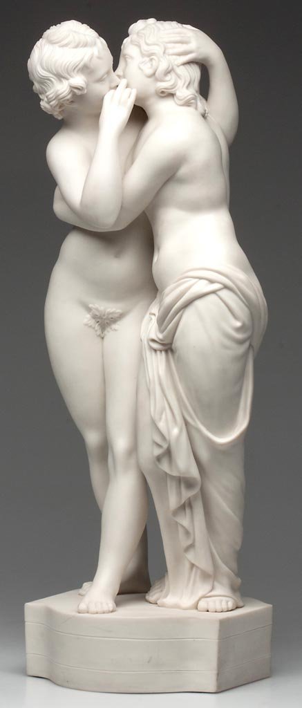 MINTON PARIAN PORCELAIN VICTORIAN FIGURAL GROUP OF "CUP: MINTON PARIAN PORCELAIN VICTORIAN FIGURAL GROUP OF "CUPID AND PSYCHE", modeled by Hamlet Bourne, the entwined figures modeled as standing nude male and female figures, facing forward, with their torso
