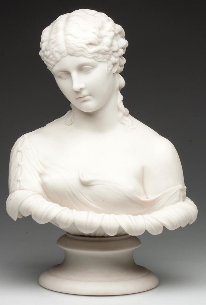 ROYAL WORCESTER PARIAN PORCELAIN VICTORIAN FIGURAL BUST: ROYAL WORCESTER PARIAN PORCELAIN VICTORIAN FIGURAL BUST OF "CLYTIE", on a socle base, the robed bust of a woman emergent from a many-petalled flower, on socle base, shaped number 1/20. Circa 1860. 11"
