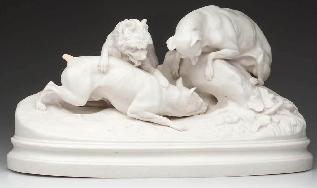 COPELAND PARIAN PORCELAIN VICTORIAN FIGURAL GROUP OF "L: COPELAND PARIAN PORCELAIN VICTORIAN FIGURAL GROUP OF "LA CHASSE AU LAPIN", after a bronze by P. J. Meine, a figural group of dogs chasing a rabbit down a hole on an oval plinth base. Circa 1870. 6 1/2