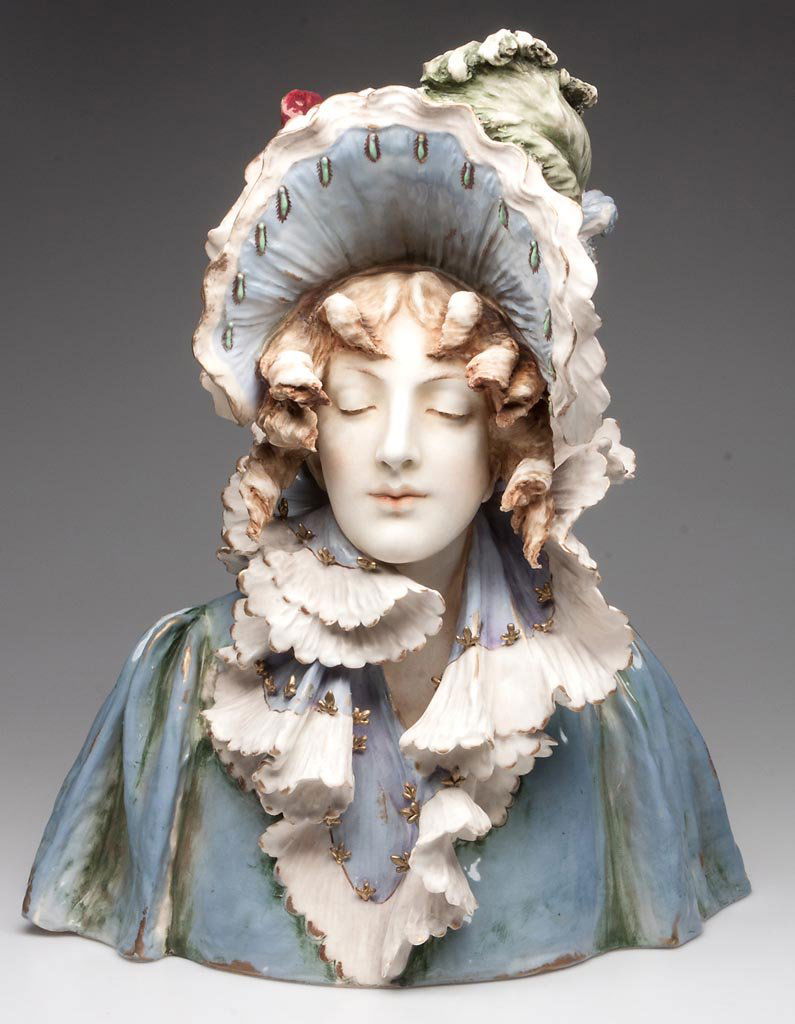 AUSTRIAN (TURN) TEPLITZ PORCELAIN ART NOUVEAU BISCUIT B: AUSTRIAN (TURN) TEPLITZ PORCELAIN ART NOUVEAU BISCUIT BUST OF SARAH BERNHARDT, BY STELLMACHER, the large figural bust modeled as a stylish woman in theatrical garb: Sarah Bernhardt in one of her famed