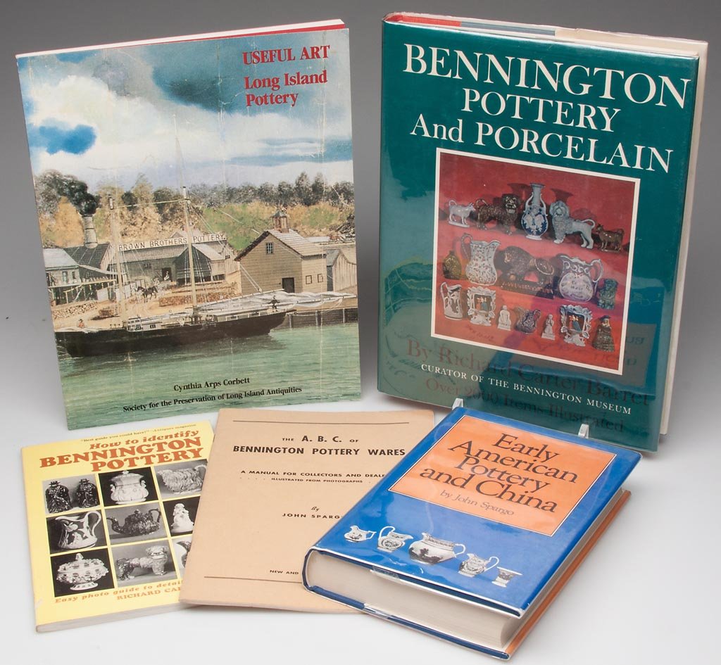 FOUR BOOKS AND A BOOKLET ON AMERICAN POTTERY: FOUR BOOKS AND A BOOKLET ON AMERICAN POTTERY, comprising "Bennington Pottery and Porcelain," by Richard Carter Barret, "How to Identify Bennington Pottery," by Richard Carter Barrett; "Early American 