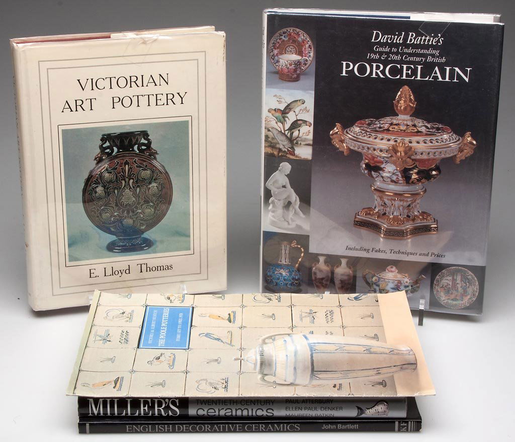 FOUR VOLUMES ON BRITISH ART POTTERY: FOUR VOLUMES ON BRITISH ART POTTERY, comprising "Victorian Art Pottery," by E. Lloyd Thomas; "Miller's 20th Century Ceramics," by Paul Atterbury, Ellen Paul Denker and Maureen Batkin; "English Decorat