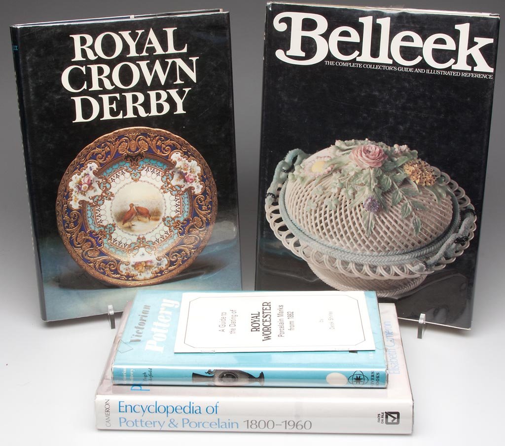 FOUR VOLUMES ON BRITISH VICTORIAN PORCELAIN & POTTERY: FOUR VOLUMES ON BRITISH VICTORIAN PORCELAIN & POTTERY, comprising "Belleek," by Richard K. Degenhardt, "Royal Crown Derby," by John Twitchett and Betty Bailey; "Encyclopedia of Pottery & Porcelain 180