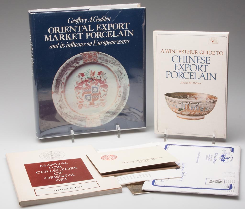 THREE VOLUMES ON CHINESE EXPORT PORCELAIN AND FOUR ITEM: THREE VOLUMES ON CHINESE EXPORT PORCELAIN AND FOUR ITEMS OF RELATED EPHEMERA, including "Oriental Export Market Porcelain," by Geoffrey A. Godden, "Manual for Collectors of Oriental Art," by Warren E.