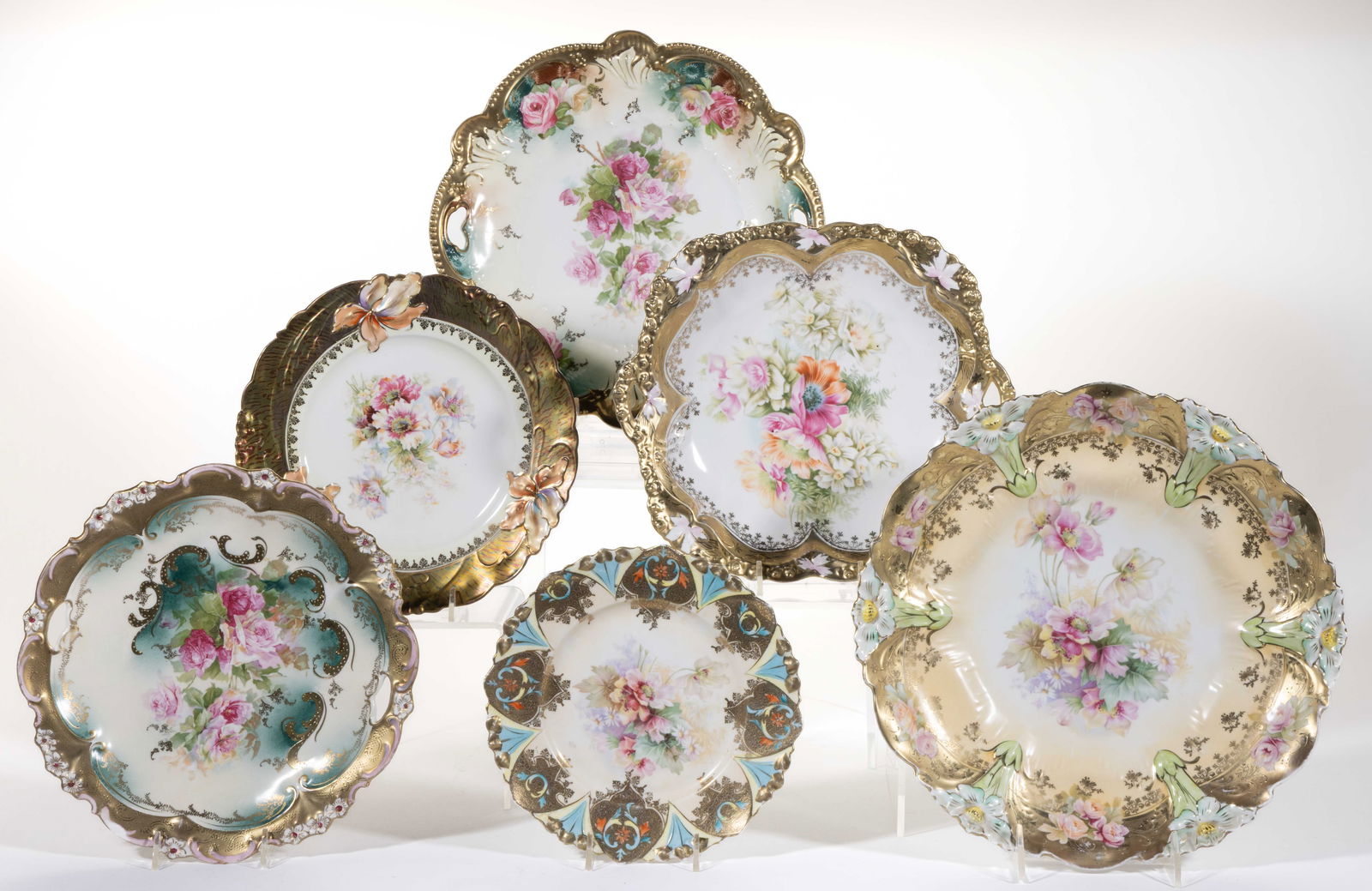R.S. GERMANY / PRUSSIA PORCELAIN GILT AND FLORAL MOTIF PLATES, LOT OF SIX (1 of 1)