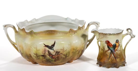 R.S. PRUSSIA PORCELAIN BIRD MOTIF ARTICLES, LOT OF TWO