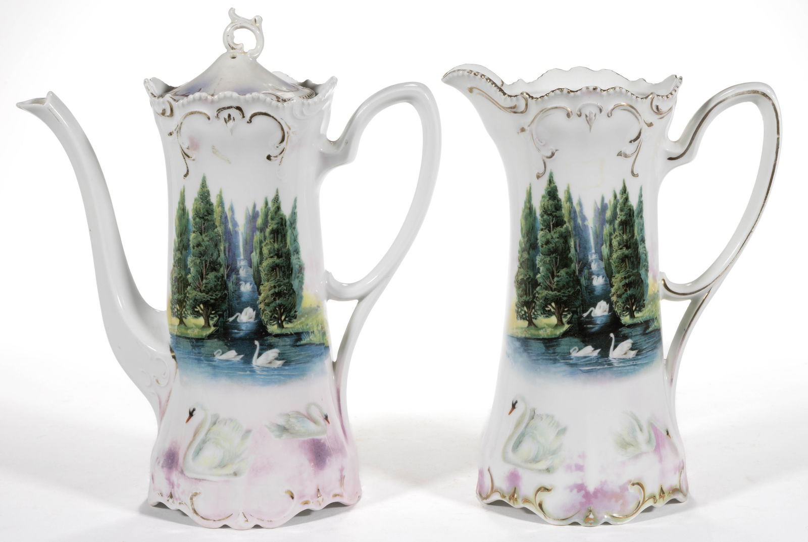 R.S. PRUSSIA PORCELAIN SWAN MOTIF CHOCOLATE AND TEA POTS, LOT OF TWO (1 of 3)