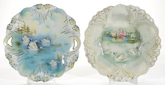 R.S. PRUSSIA PORCELAIN SWAN MOTIF TABLE ARTICLES, LOT OF TWO