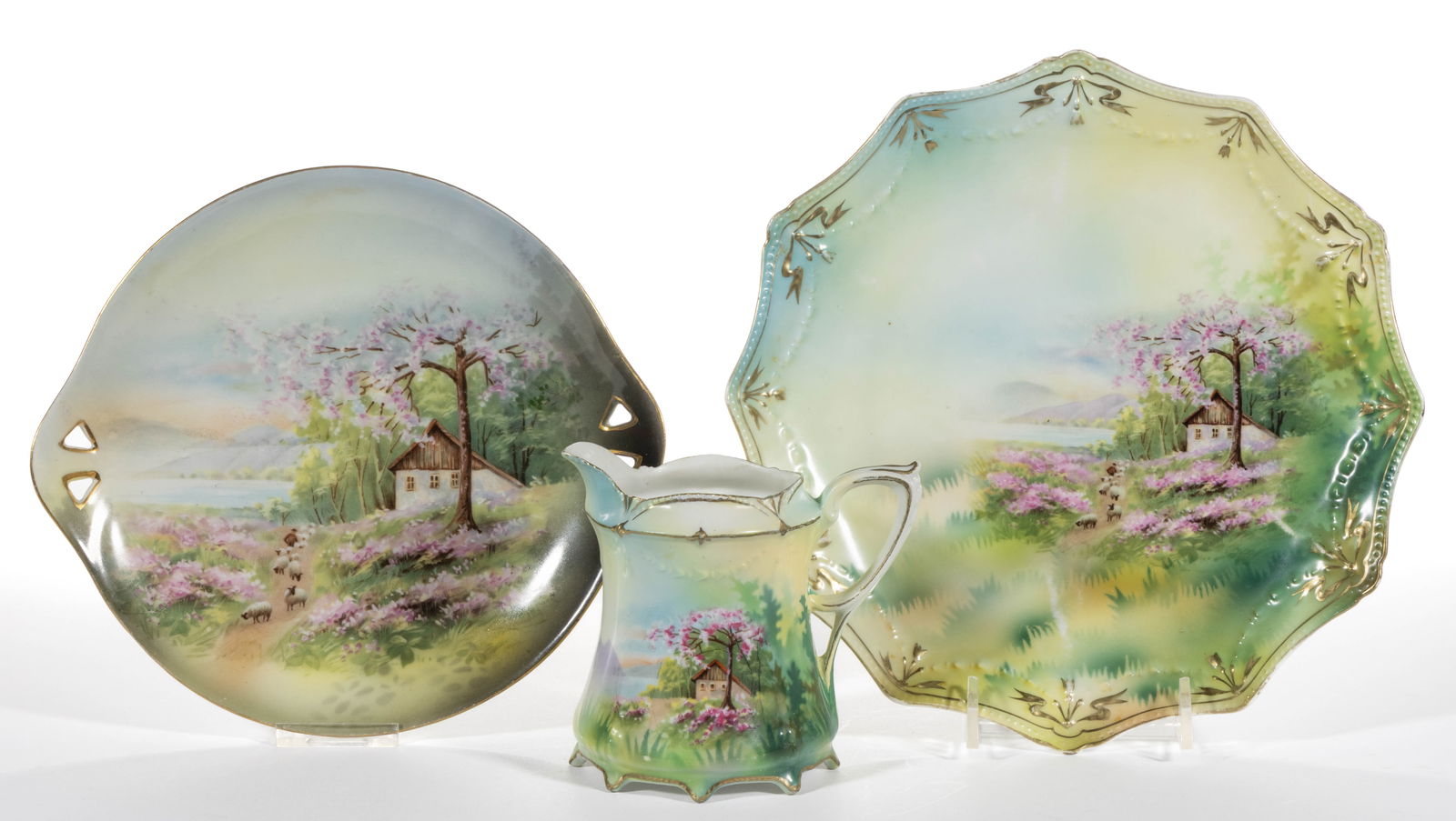R.S. GERMANY / PRUSSIA PORCELAIN CHERRY BLOSSOM / SHEEPHERDER MOTIF ARTICLES, LOT OF THREE (1 of 2)